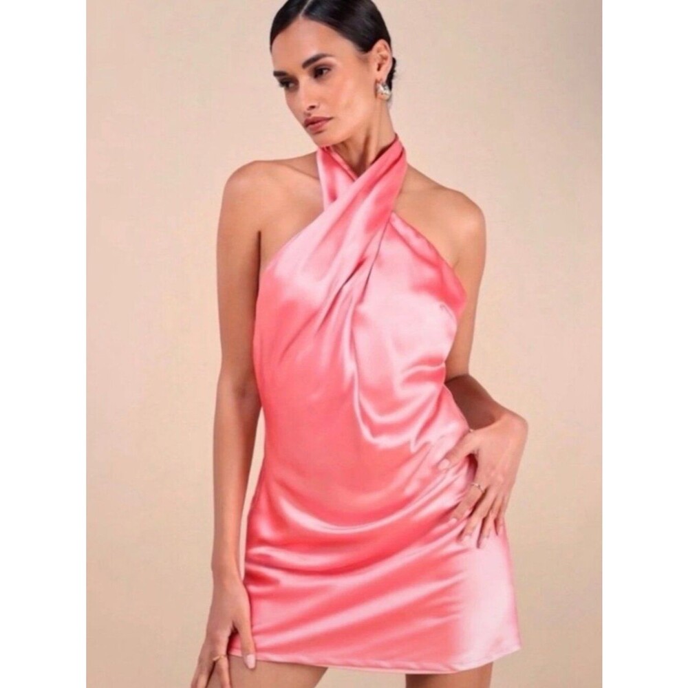 Lulu's Beyond Classy Coral Satin Halter Mini Dress Size Small